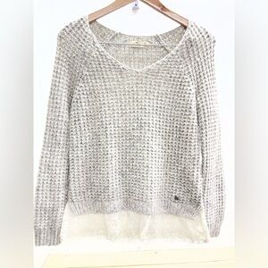 Hollister Women's V-Neck Sweater in Light Gray With Lace Trim